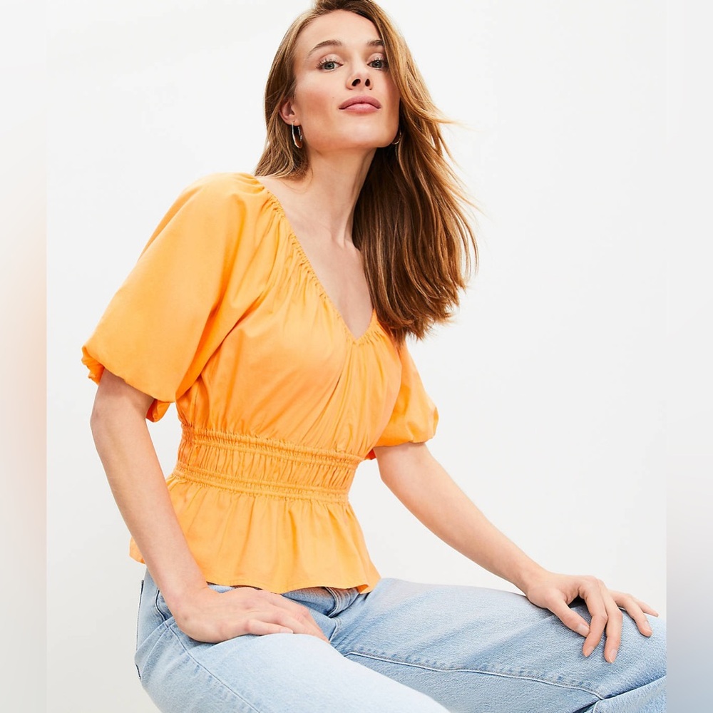 Brand New Loft Gathered Waist V-Neck Tangerine Blouse, Size XL, NWT